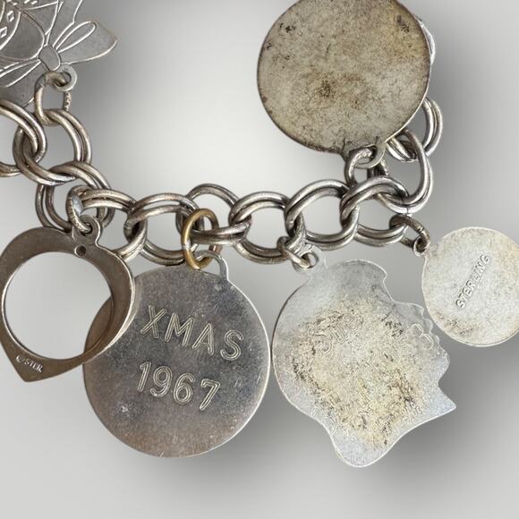 Vintage Sterling Silver Charm Bracelet  sz 7 Personalized Silhouette Charms 13pc - Picture 7 of 12